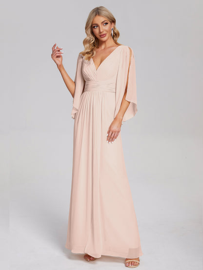 Fatima V-neck Ruffles Long Chiffon Bridesmaid Dress with Slit