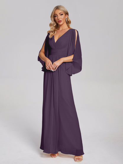 Fatima V-neck Ruffles Long Chiffon Bridesmaid Dress with Slit