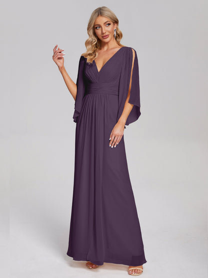 Fatima V-neck Ruffles Long Chiffon Bridesmaid Dress with Slit