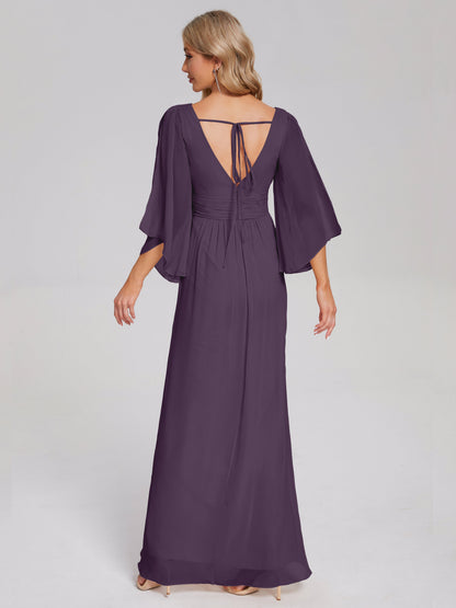 Fatima V-neck Ruffles Long Chiffon Bridesmaid Dress with Slit