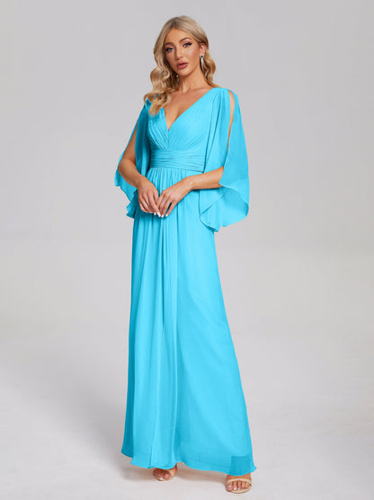 Fatima V-neck Ruffles Long Chiffon Bridesmaid Dress with Slit