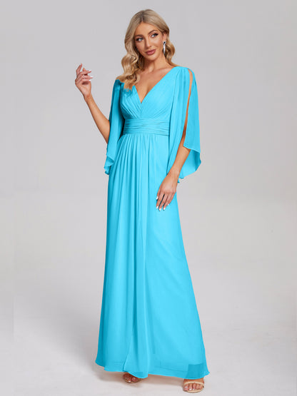 Fatima V-neck Ruffles Long Chiffon Bridesmaid Dress with Slit
