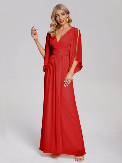 Fatima V-neck Ruffles Long Chiffon Bridesmaid Dress with Slit