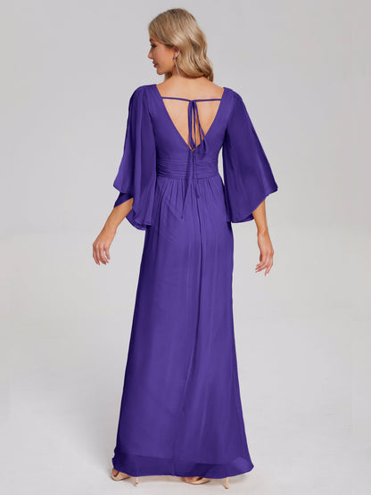 Fatima V-neck Ruffles Long Chiffon Bridesmaid Dress with Slit