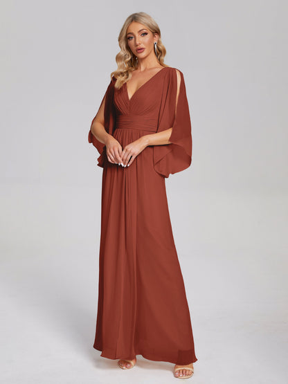 Fatima V-neck Ruffles Long Chiffon Bridesmaid Dress with Slit