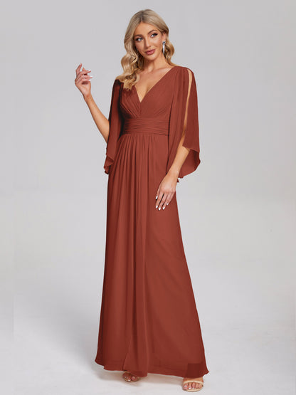 Fatima V-neck Ruffles Long Chiffon Bridesmaid Dress with Slit