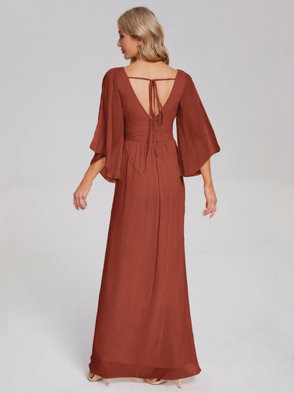 Fatima V-neck Ruffles Long Chiffon Bridesmaid Dress with Slit