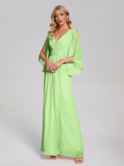 Fatima V-neck Ruffles Long Chiffon Bridesmaid Dress with Slit