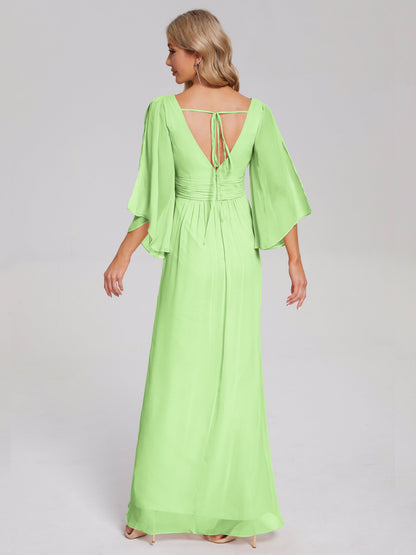 Fatima V-neck Ruffles Long Chiffon Bridesmaid Dress with Slit