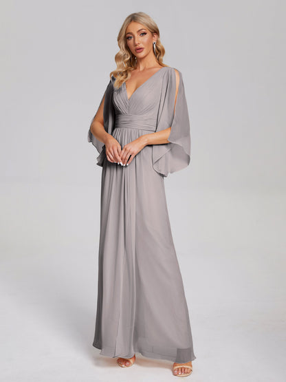 Fatima V-neck Ruffles Long Chiffon Bridesmaid Dress with Slit