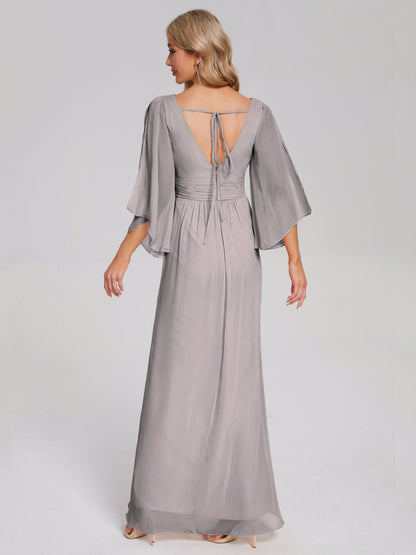 Fatima V-neck Ruffles Long Chiffon Bridesmaid Dress with Slit