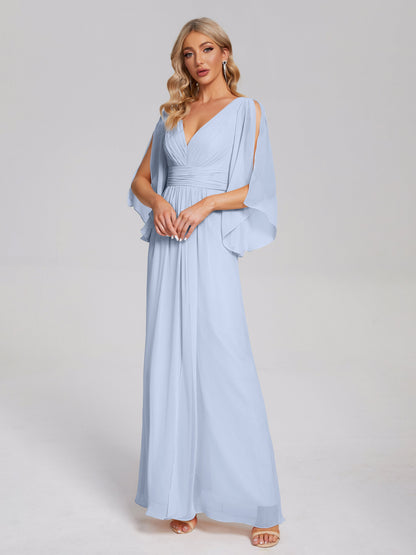 Fatima V-neck Ruffles Long Chiffon Bridesmaid Dress with Slit