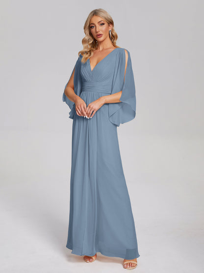 Fatima V-neck Ruffles Long Chiffon Bridesmaid Dress with Slit