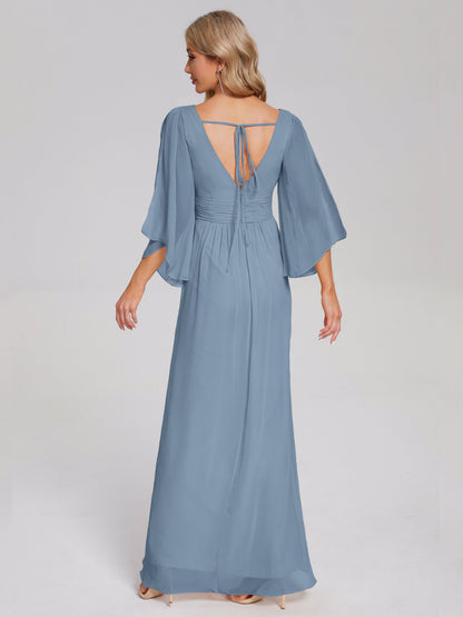 Fatima V-neck Ruffles Long Chiffon Bridesmaid Dress with Slit