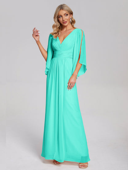 Fatima V-neck Ruffles Long Chiffon Bridesmaid Dress with Slit