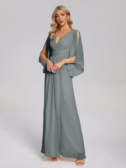 Fatima V-neck Ruffles Long Chiffon Bridesmaid Dress with Slit