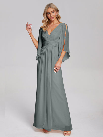 Fatima V-neck Ruffles Long Chiffon Bridesmaid Dress with Slit