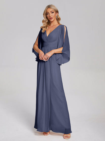 Fatima V-neck Ruffles Long Chiffon Bridesmaid Dress with Slit