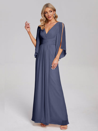 Fatima V-neck Ruffles Long Chiffon Bridesmaid Dress with Slit