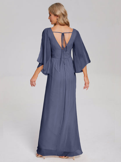 Fatima V-neck Ruffles Long Chiffon Bridesmaid Dress with Slit