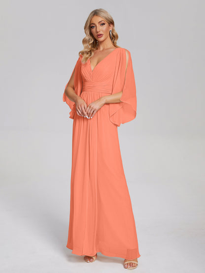Fatima V-neck Ruffles Long Chiffon Bridesmaid Dress with Slit