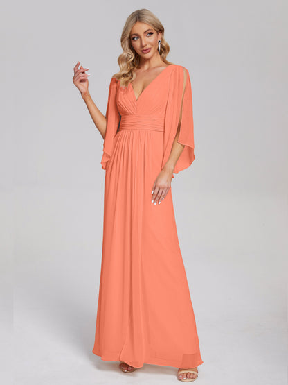 Fatima V-neck Ruffles Long Chiffon Bridesmaid Dress with Slit