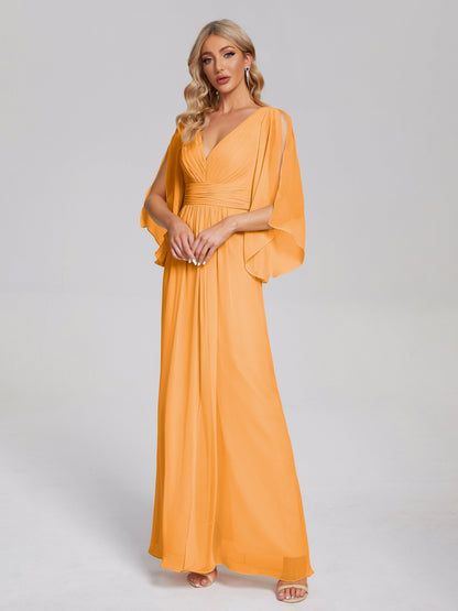 Fatima V-neck Ruffles Long Chiffon Bridesmaid Dress with Slit