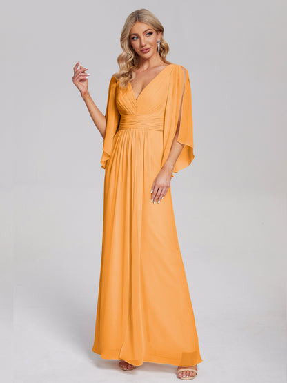 Fatima V-neck Ruffles Long Chiffon Bridesmaid Dress with Slit