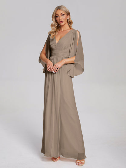 Fatima V-neck Ruffles Long Chiffon Bridesmaid Dress with Slit