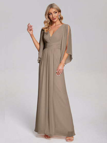 Fatima V-neck Ruffles Long Chiffon Bridesmaid Dress with Slit