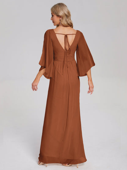 Fatima V-neck Ruffles Long Chiffon Bridesmaid Dress with Slit