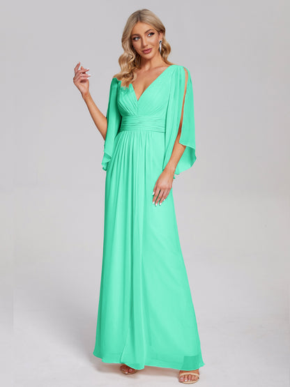 Fatima V-neck Ruffles Long Chiffon Bridesmaid Dress with Slit