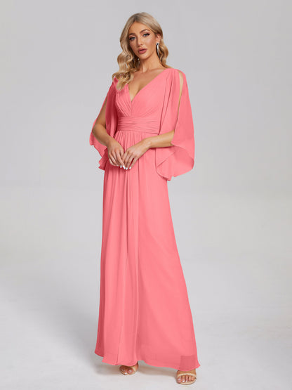 Fatima V-neck Ruffles Long Chiffon Bridesmaid Dress with Slit