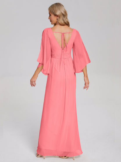 Fatima V-neck Ruffles Long Chiffon Bridesmaid Dress with Slit