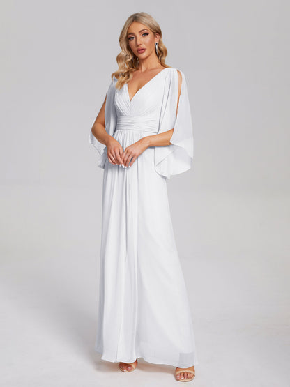 Fatima V-neck Ruffles Long Chiffon Bridesmaid Dress with Slit