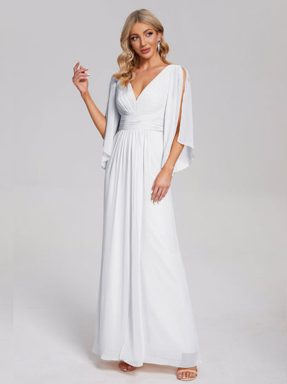 Fatima V-neck Ruffles Long Chiffon Bridesmaid Dress with Slit