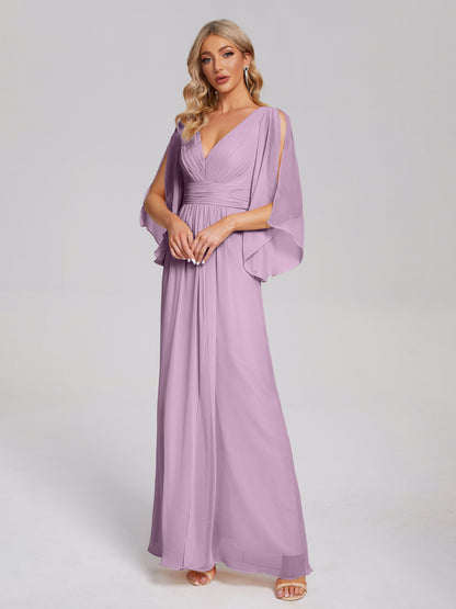 Fatima V-neck Ruffles Long Chiffon Bridesmaid Dress with Slit
