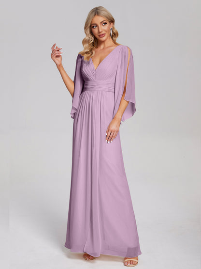 Fatima V-neck Ruffles Long Chiffon Bridesmaid Dress with Slit