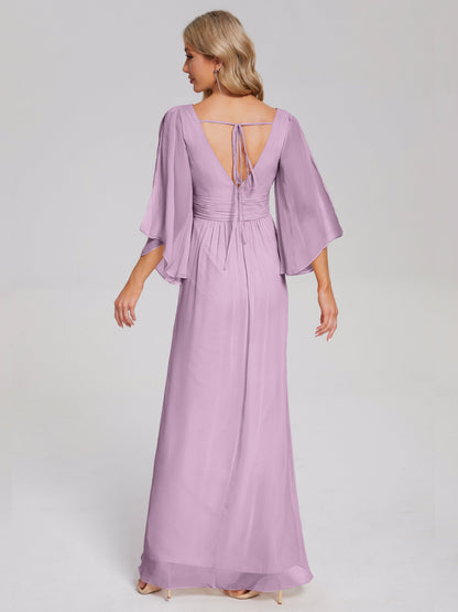 Fatima V-neck Ruffles Long Chiffon Bridesmaid Dress with Slit