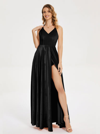 Elsie V-neck Straps Velvet Bridesmaid Dress with Slit