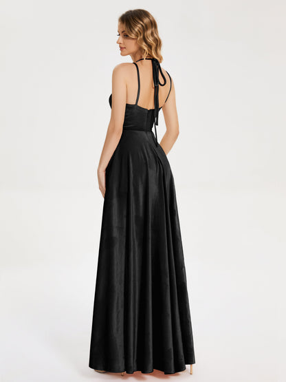 Elsie V-neck Straps Velvet Bridesmaid Dress with Slit