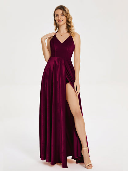 Elsie V-neck Straps Velvet Bridesmaid Dress with Slit