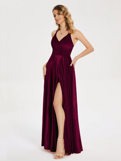 Elsie V-neck Straps Velvet Bridesmaid Dress with Slit
