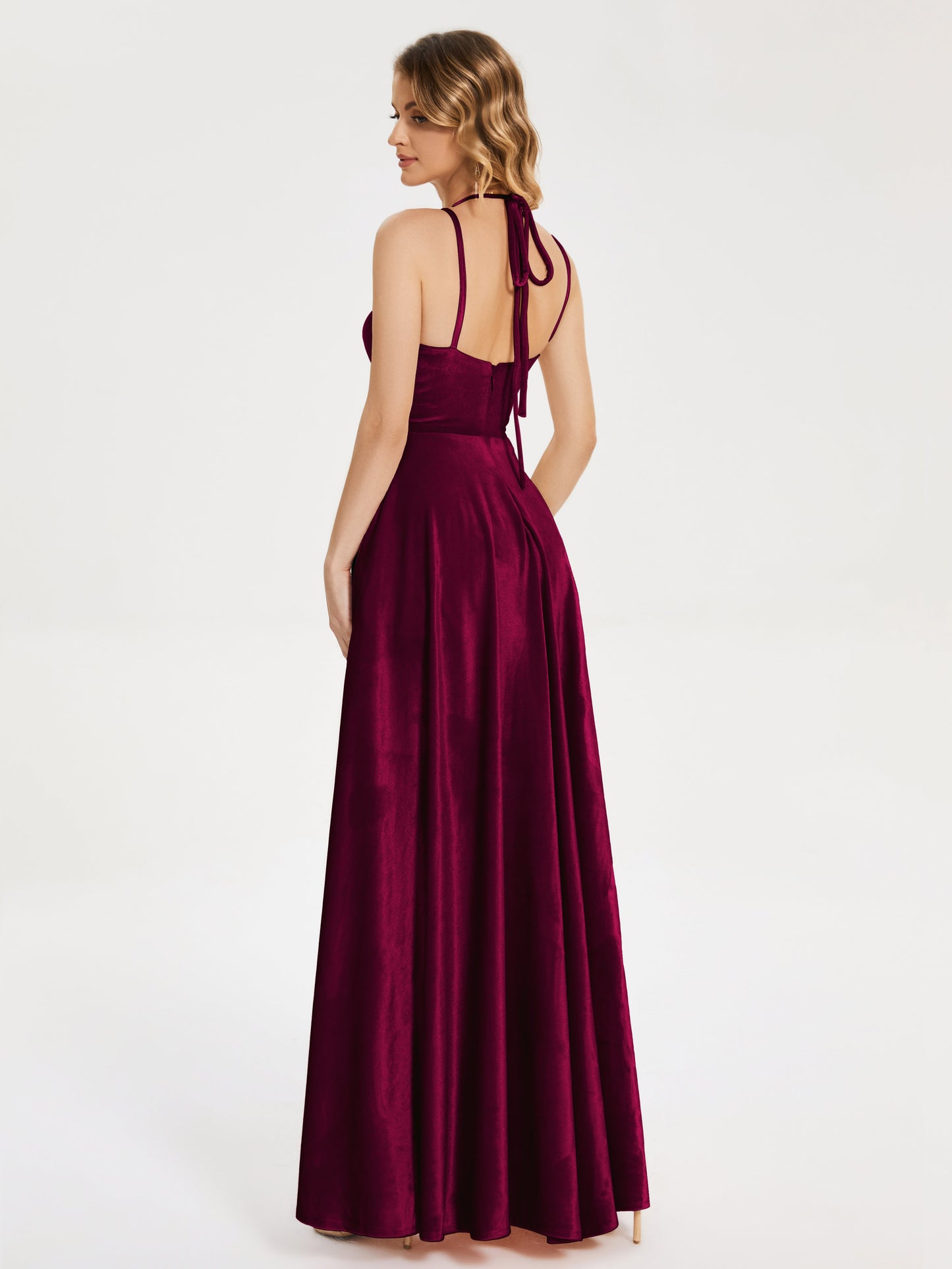 Elsie V-neck Straps Velvet Bridesmaid Dress with Slit