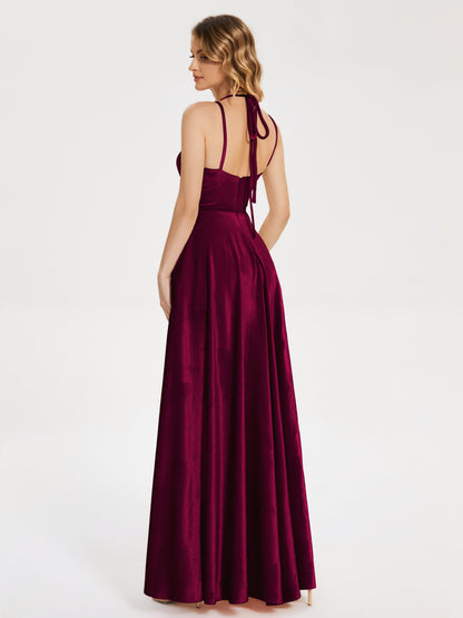 Elsie V-neck Straps Velvet Bridesmaid Dress with Slit