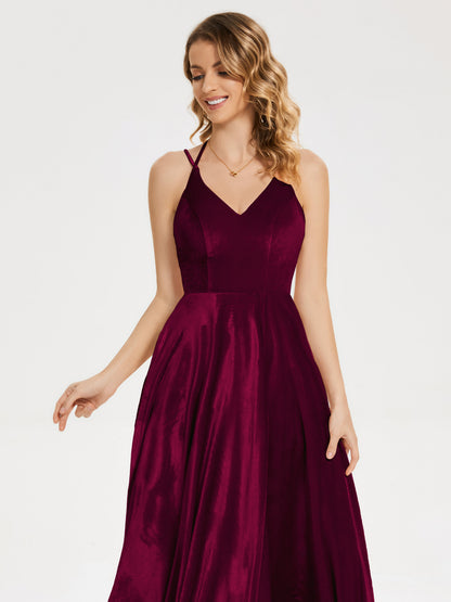 Elsie V-neck Straps Velvet Bridesmaid Dress with Slit