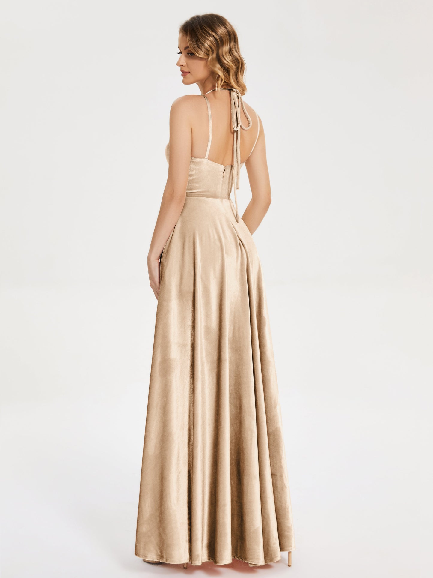 Elsie V-neck Straps Velvet Bridesmaid Dress with Slit