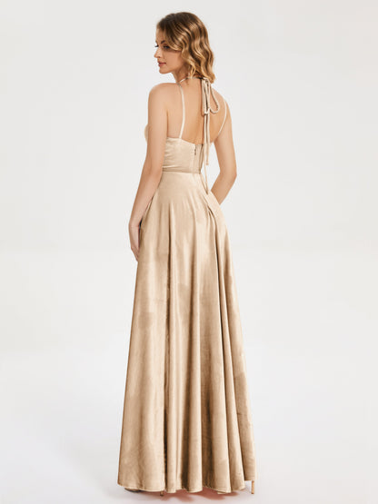 Elsie V-neck Straps Velvet Bridesmaid Dress with Slit