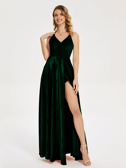 Elsie V-neck Straps Velvet Bridesmaid Dress with Slit