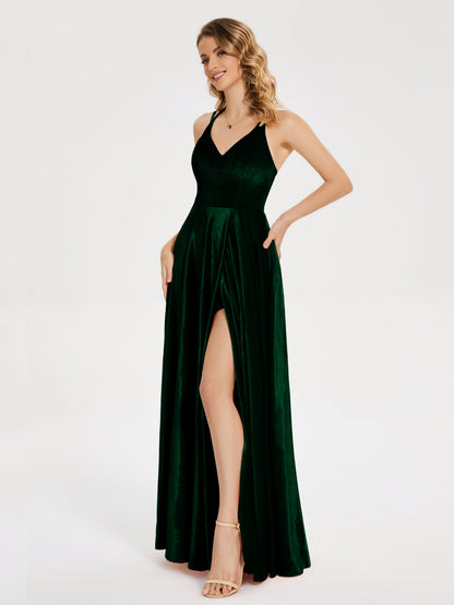 Elsie V-neck Straps Velvet Bridesmaid Dress with Slit